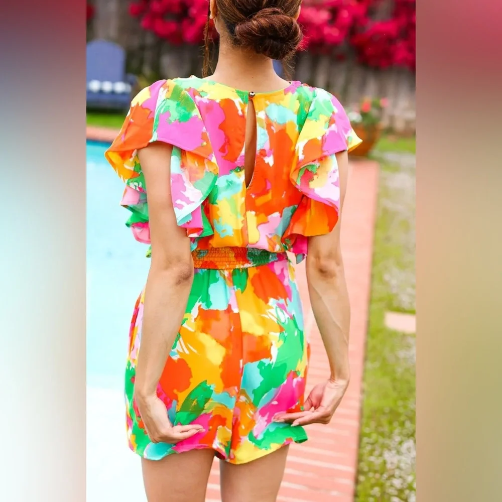 NWOT Floral Flutter Sleeve Romper. Size Small. - Picture 4 of 9